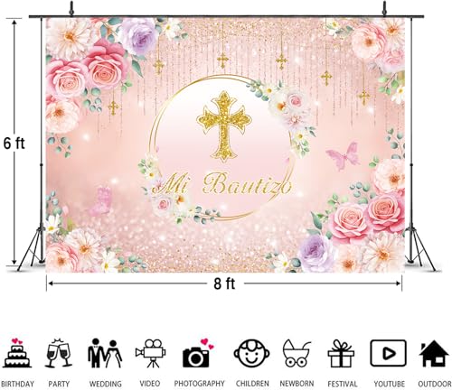 Fondo para Bautizo 240x180 cm Floral Rosa Cruz Dorada miniatura 6