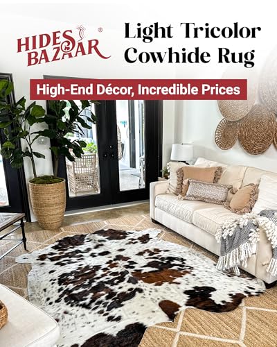 HIDES BAZAAR Natural Cowhide Rug for Home & Office Premium Light Tricolor Cowhide Rug with Mixed Brown, Black & White Patterns - Cow Hide Rugs Made with Tanned Leather - Cow Hide Rugs 5x7 ft