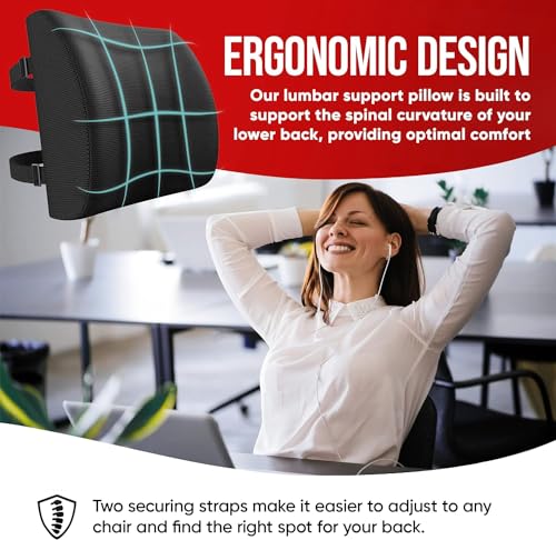 Image of Grin Health The Original Lumbar Support Pillow for Chair, Car Backrest Cushion Memory Foam Back Support Improves Posture, Promotes Lower Back Pain Relief | Lumbar Support Back Cushion, Black