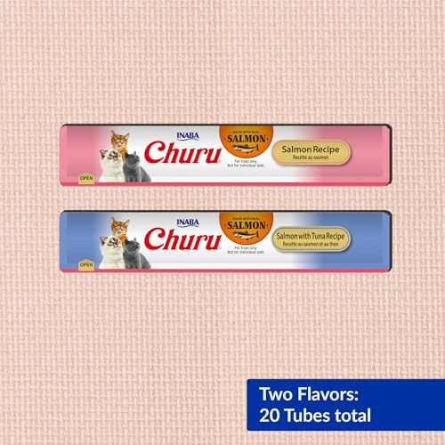 Image of INABA Salmon Churu Cat Treats, Lickable, Squeezable Creamy Puree Cat Treat with Green Tea Extract & Taurine, 0.5 Ounces Each Tube, 20 Tubes, Salmon & Tuna Variety Box