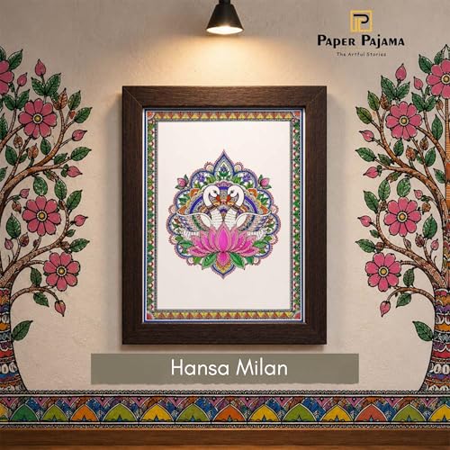 Image of PAPER PAJAMA Swan Vastu Wall Art for Living Room | Madhubani Hamsa Lotus Painting | Traditional Mithila Folk Art Framed Decor for Home, Office & Bedroom (10x13 Inches)
