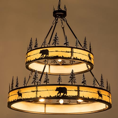 Wellmet Black Rustic Chandelier, 2-Tier Farmhouse Wagon Wheel Chandelier, Farmhouse
