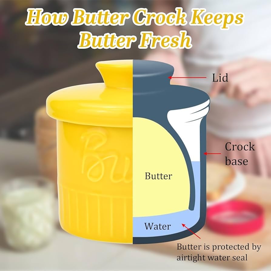 Image of Butter Crock with Water Seal Lid - 192 mL Ceramic Butter Keeper, Airtight French Butter Dish, Countertop Butter Storage Container, Dishwasher Safe, Yellow