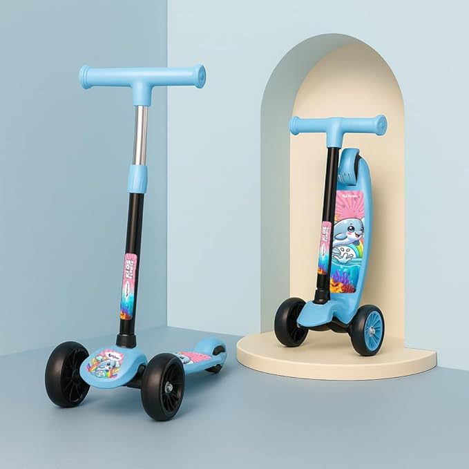 Scooter for Kids 3+ Years - Foldable Kids Scooter with PVC Wheels & Adjustable Height with Capacity 50kg, Skate Cycle for Boys and Girls, Blue