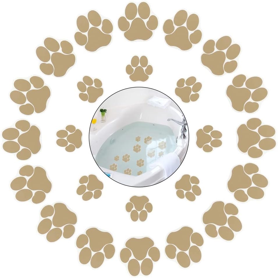 24 Pcs Waterproof Non-Slip Dog Footprint Stickers with Scraper for Bathtub Tub Stairs Kitchen Shower Room Treads Bathroom Floor Appliques,Self-Adhesive Anti-Slip Decals Sticker Pack(Dog Paw-Khaki)