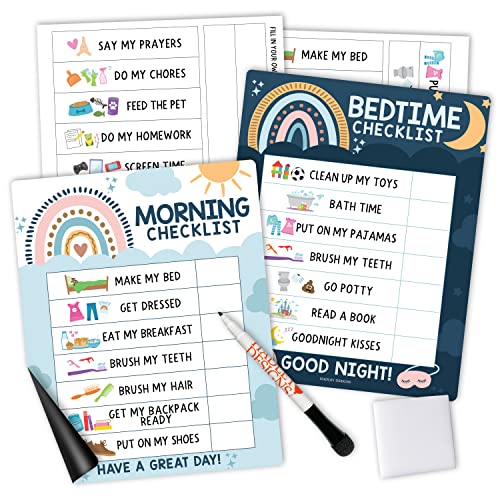 Image of Magnetic Morning & Bedtime Routine Chart for Kids - Customizable Toddler Daily Schedule Board with Dry Erase Surface, Stickers & Marker, Build Habits with Visual Checklists, Boho Theme