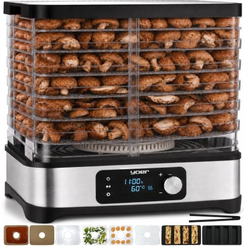 Yoer Dörrautomat Edelstahl, Dörrgerät mit 6 Einlegefächern, 35-70°C, 4725 cm2, 24h Timer, Dehydrator, 450W, Beef jerky, Obst, Kräutertrockner, Müsliriegel, LED-Anzeige, VitaSave FD01S