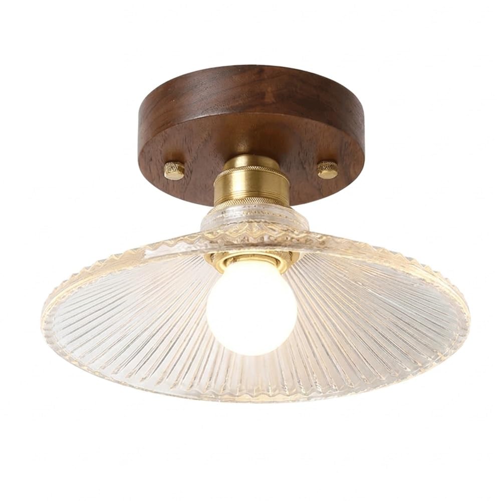 MESOVFCA Mid Century Walnut Wood Grain Iron Ceiling Light Ribbed Pleated Glass Shade Ceiling Lamp with Metal Accents Semi Flush Mount Lighting Fixture for Hallway Entryway Balcony Bedroom E26 Base