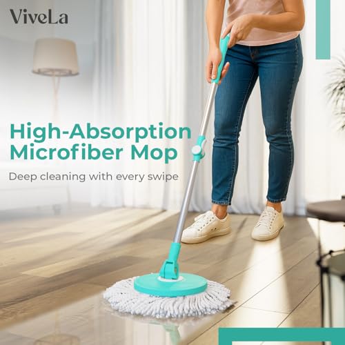 Image of Vivela Spin Mop | Extendable Stainless Steel Handle | 360 Rotating Microfiber Mop Head | Wet & Dry Floor Cleaning | Adjustable Height | Reusable Pad | Ideal for Tile, Marble
