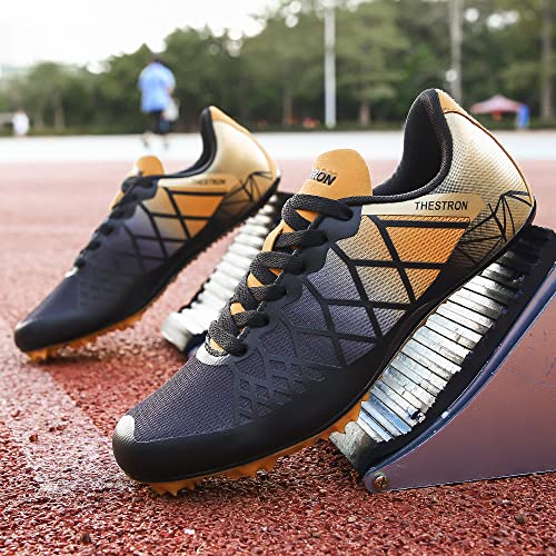 Thestron Professional Spikes Track & Field Shoes For Men Women Kids Breathable Racing Jumping Sprint Running Sneakers (8.5,Black Gold) #TOP2