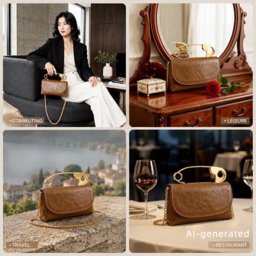 Image of Women's Small Soft Pin Shaped Vegan Leather Crossbody Purse Bag with Gold Metallic Handles & Chain
