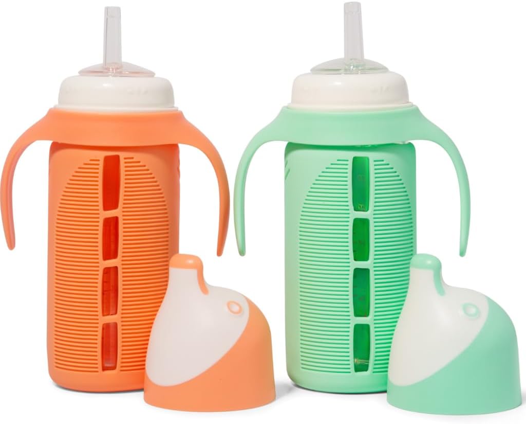 Set of 2 - Glass Sippy Cup for Toddlers - The Luca | Spill-Proof | Silicone Straw | Mint Green & Orange | 8 oz | Liquids Never Touch Plastic | Removable Handles… (orange)