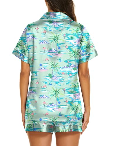 Image of Ekouaer Silk Pajamas for Women Short Sleeve Sleepwear Soft Button Down Loungewear 2 Piece Satin Pjs Shorts Set