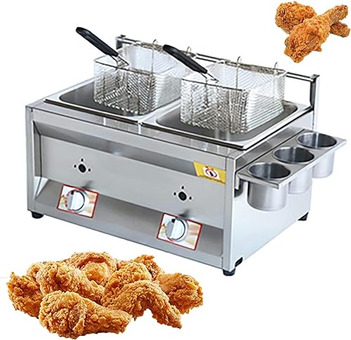 CZAOERXB Freidora a Gas multifunción, freidora de GLP de Acero Inoxidable de Doble Cilindro de 10 l + 10 l, con cestas y Tapa, Recipiente para Aceite extraíble, para Uso doméstico y en Rest