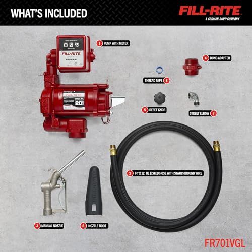 Image of Fill-Rite FR701VGL 220V 50 /60Hz AC Pump, 3 /4 inchx12' Hose, 1 inch Manual Nozzle, 807CL Meter Liter