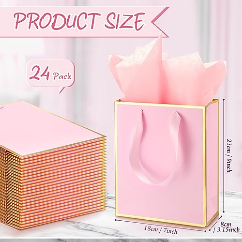 Image of Yeaqee 24 Pack Metallic Paper Gift Bag with Tissue, Pink Gold | with Satin Ribbon Handle and Tissue, 9x7x3.1 Inch, Suit Business, Birthday, Christmas, Thank You Return Gifts Bags