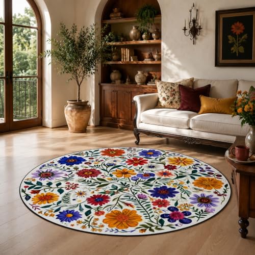Tapis rond de chambre 120 cm multicolore devant commode ambiance rétro - 2
