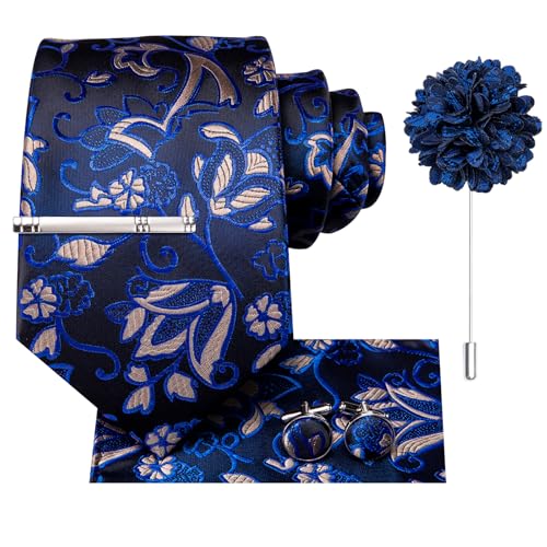 Image of Hi-Tie Black Blue Men's Necktie Sets Floral Jacquard Tie and Pocket Square Lapel Pin Silver Tie Clip Cufflinks Set Wedding Business 6PCS