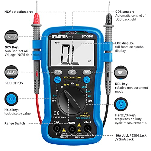 Btmeter Bt-39K Multimeter With Case, 4000 Count Volt Ohm Amp Meter Autoranging Dmm For Ac/Dc Current, Voltage, Resistance Frequency Tester, With Ncv, Audible Continuity, Diode, Auto Backlight Meter #TOP5