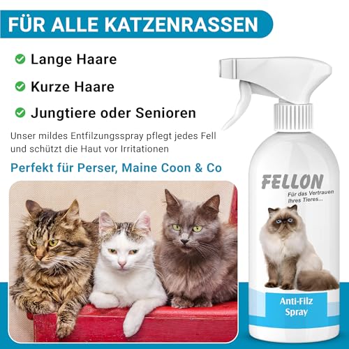 Fellon Anti-Filz für Katzen | Entfilzungsspray 500 ml | pH-neutral | Fellpflege für seidigen Glanz & leichte Kämmbarkeit | für alle Katzenrassen & Allergiker | Dermatologisch getestet