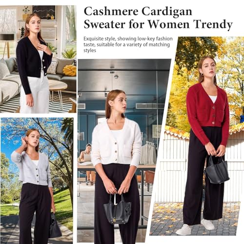 Image of Simple&Opulence Women's Cashmere Cardigan Sweater, Cashmere Long Sleeve V Neck Open Front Cardigan with Pocket
