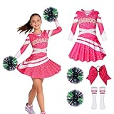 WVWMYM Disfraz Animadora Niña, Disfraces Carnaval Rosa Disfraz Animadora Niña Manga Larga con Pompones Goma para el Pelo con Lazo Medias Cheerleader Costume para Carnaval Fiesta Temática (M)