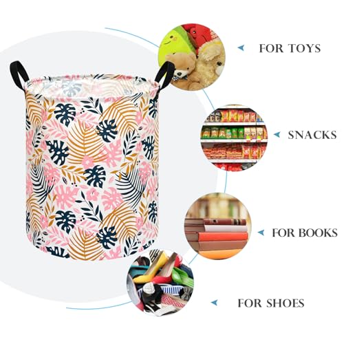 Image of Round Pink Leaves Pattern Laundry Hamper Storage Basket Fabric Material Storage Hamper Organization Basket, Storage Bin, Gift Box with Handles for Room