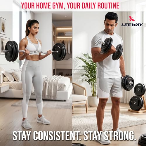 Image of Leeway 20kg Combo | Home Gym Set for Men | Barbell Rod with Plates and Dumbbell Set | Dual Grip Rubber Coated Weight Plates, 3 Ft Curl + 5 Ft Rod (28mm) | Gym Equipments for Home Workout Zym (20kg Set (5X4))