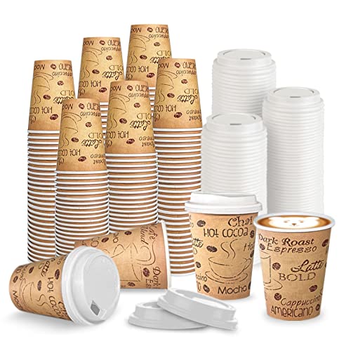 12 Oz. Disposable Paper Coffee Cup Set, 100-Pack Premium Cafe Coffee Cups with White Lids - Grab 'n Go Cup and Lid Set, Travel Lid for Home, Office, Cafe, Restaurant (100 Count)