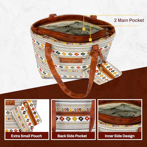 Image of Storite Small Women's Tote Bag with Leather Handles & Embroidery Printed Handbag with Zip Pockets, Shoulder Tote Bag and Handbag for Office and College (WhiteBrown, 26x21x9.8 cm)