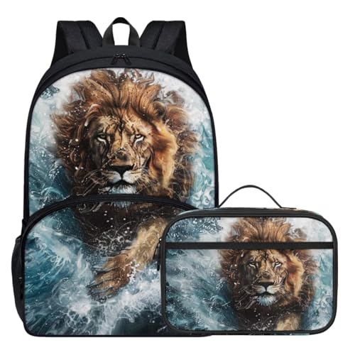 Cute Animal Backpack Set for Girls Boys 17 Inch Cool Lion Backpack with Lunch Box for Kids Elementary Student Padded Back Lightweight School Bag Black Bookbag2