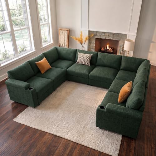 Image of Oversized Sectional Couches for Living Room Cloud Couch Chenille Sofa | Chaise Detachable Armrest Cushion FSC Certified U Shaped Convertible Modular Sleeper Sofa (Green, Large U Shape 8 Seat)