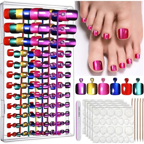 FANDAMEI Press on Toenails, 6 Colors Cat Eye Toe Press On Nails Short Square, Press on Toenails for...