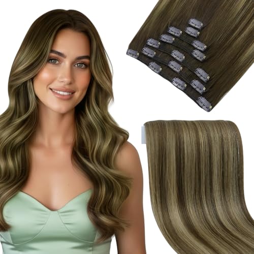 Image of Sunny Hair Clip in Hair Extensions Real Human Hair Balayage Brown 135g | Remy Hair Extensions Clip Ins 18 Inch, Fuller Volume and Thicker Looking Hair for Evening Hairstyles with Straight Hair
