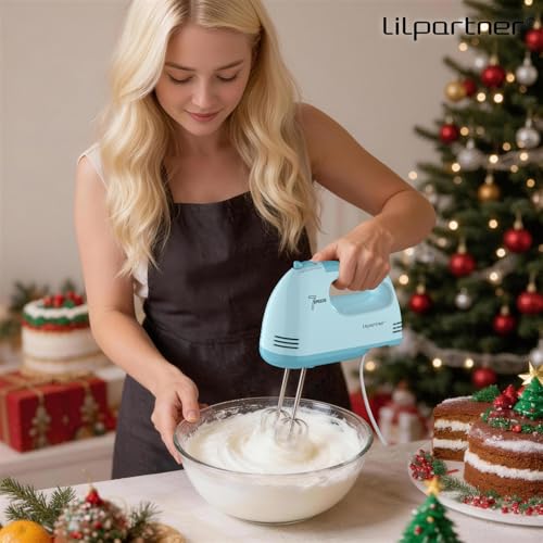 Image of LILPARTNER Hand Mixer Electric, Ultra Power Kitchen Hand Mixer With 7-Speed & 5 Stainless Steel Accessories for Whipping Dough, Cream, Cake, Dishwasher Safe, Light Blue
