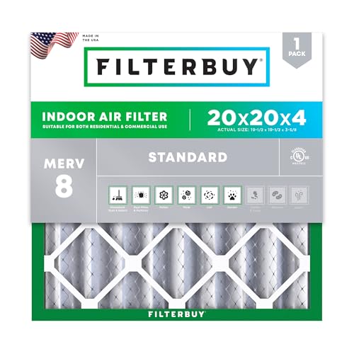 Filterbuy 20x20x4 Air Filter MERV 8 Dust Defense (1-Pack), Pleated HVAC AC Furnace Air Filters Replacement (Actual Size: 19.50 x 19.50 x 3.63 Inches)