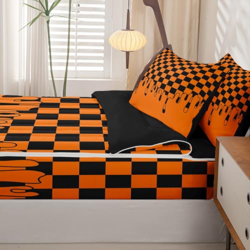 Image of Black and Orange Checkered Zipper Bedding Full Size Checkerboard Drip Gingham Grid Zip Up Bedding Set for Teens Adults, Y2K Modern Geometric Plaid Bed in a Bag Halloween Comforter with Fitted Sheet