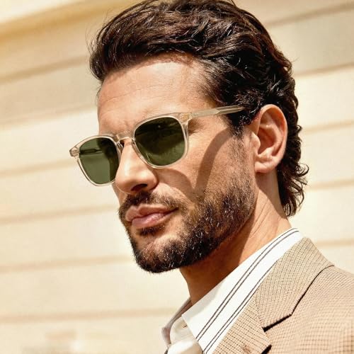 Image of CARFIA Clear Yellow Retro Cool Acetate Polarized Sunglasses for Men UV Protection, Fashion Driving Eyewear Male Square Shades