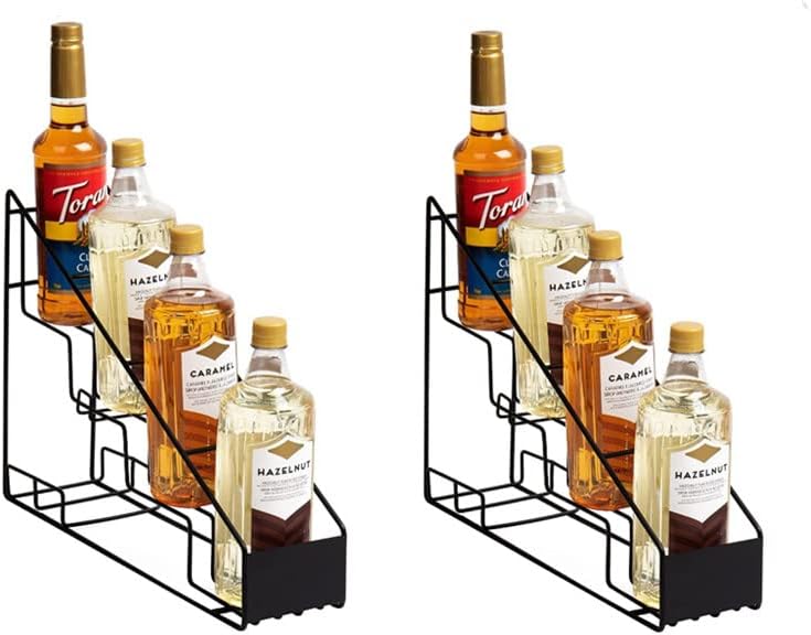 XICEN 2-piece set 4-BLK Clear Syrup Bottle Holder, Wire 4 Compartment Bottle Organizer, Storage for Syrup, Wine, Dressing - 4 Capacity, Black