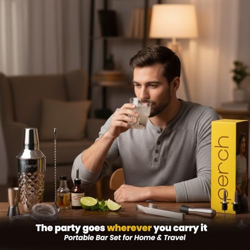 Image of O' Holic by Perch Craft 8-Piece Stainless Steel Bartender Kit|Premium Cocktail Shaker Set with Jigger 30 /60ml, Spoon,Pourer,Ice Tong, & Bar Tools|Professional Bar Set for Home &Tour Parties|Silver