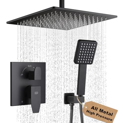 POP SANITARYWARE 12 Inch Ceiling Mount Shower Faucet Set Matte Black Ceiling Rainfall Shower Head and Handle Set Bathroom Rain Shower System Include Shower Valve and Trim Kit