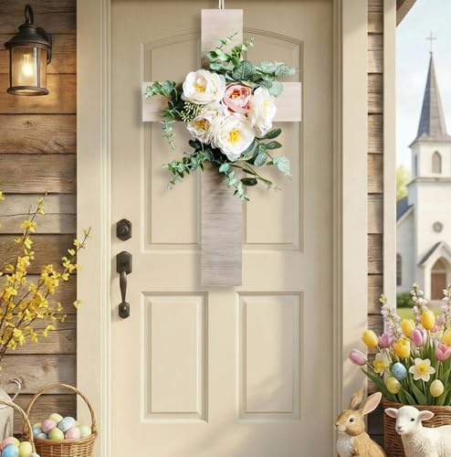 Easter Cross Wreaths for Front Door Christian Easter Decorations Door Sign with Faux Flowers Leaves He is Risen Wall Art for Religious Lent Farmhouse Porch Church Party Decorations 17 x 10 Inch