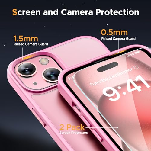 Image of Miracase Magnetic for iPhone 15 Case (Compatible with MagSafe)(with 2X Screen Protectors) Military-Grade Protection, Anti-Fingerprint Translucent Matte Phone Cover for iPhone 15 6.1 inch, Mes Pink