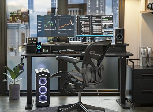 Image of FEZIBO Height Adjustable Electric Standing Desk with Double Drawer, 140 * 60cm Stand Up Table with Storage Shelf, Sit Stand Desk with Splice Board, Black Frame /Black Top