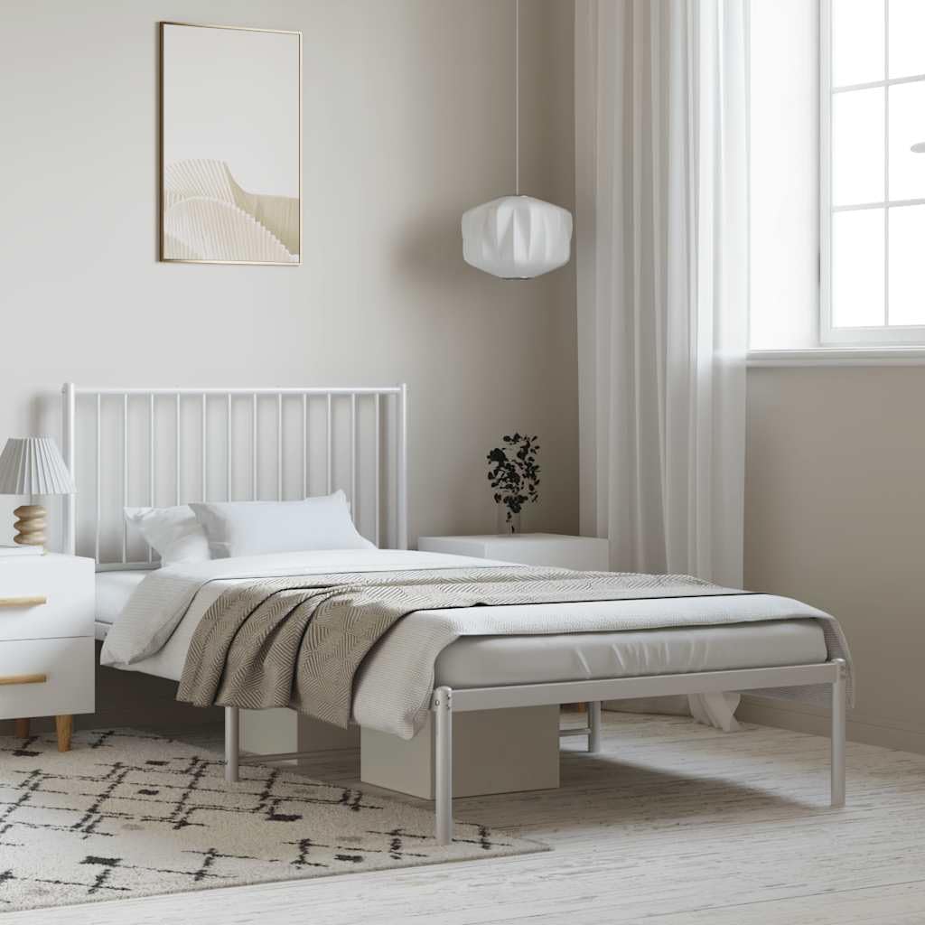 vidaXL Bettgestell, Bettrahmen mit Kopfteil Lattenrost, Metallbett Bett für Schlafzimmer, Einzelbett Gästebett, Metall Weiß 100x200cm