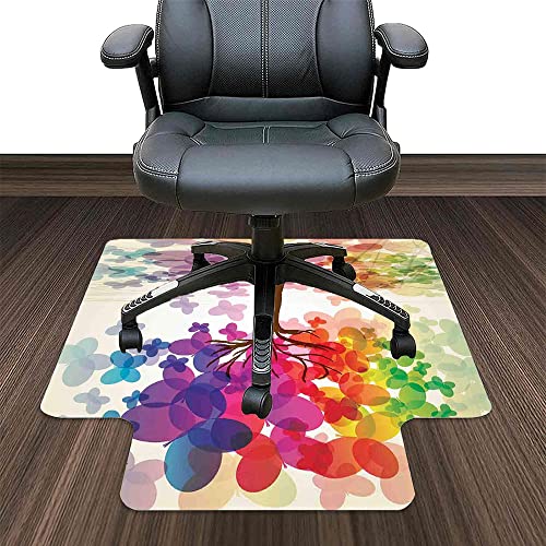 Abstract Office Desk Chair Mat, Colorful Blooming Spring Season Tree With Butterflies Pastoral Nature Illustration, Protects Hardwood Floor Under Desks, Home And Gaming Floors, With Lip 48X36 #TOP2