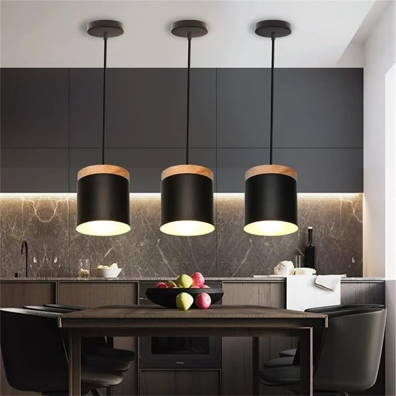 Lámpara colgante de metal con madera E27 para techo de comedor 4