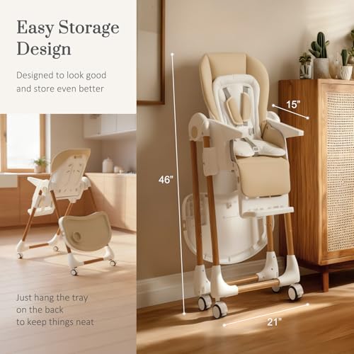 Image of Mallify Foldable High Chairs for Babies and Toddlers, 3-in-1 Convertible Baby High Chair with Removable Soft Cushion and Tray, Adjustable Height & Recline, Lockable Wheels, Cream
