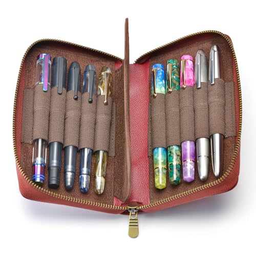 Image of Fountain Pen Leather Pen Case 10 Divided Slots, Rollerball Pen Holder Handmade Display Organizer Zippered Pouch