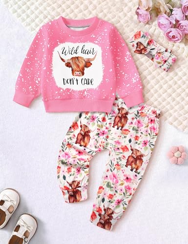 Image of Toddler Girl Clothes Fall Winter Outfits Wild Hair Don't Care Highland Cow Sweatshirt Pants Western Cowgirl Outfit